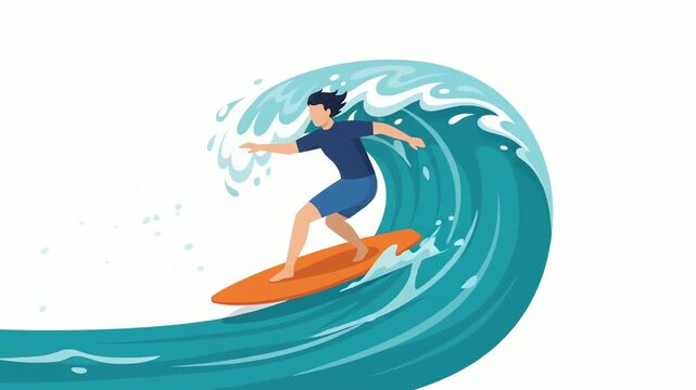 Surfer riding a big ocean wave on a surfboard with vibrant blue and white colors displayed in a modern vector illustration against a clean white background.