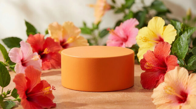 Beautiful dynamic diagonal angle photography of a Vibrant Orange matte ceramic cylinder podium surrounded by colorful tropical hibiscus under soft morning sunlight.