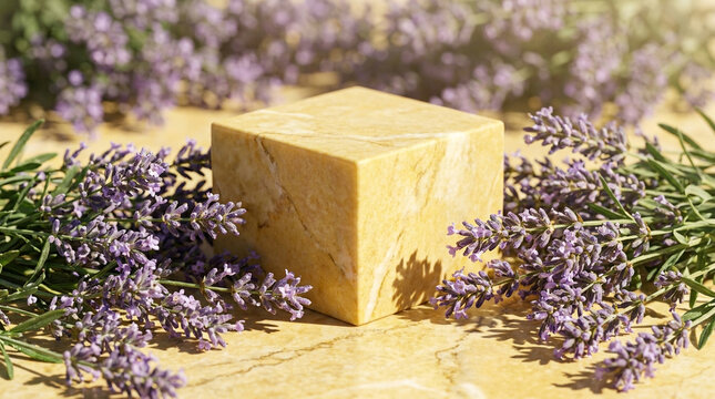 Beautiful macro close-up view photography of a Sunny Yellow marble square cube podium surrounded by delicate lavender flowers under harsh midday sun with sharp shadows. 