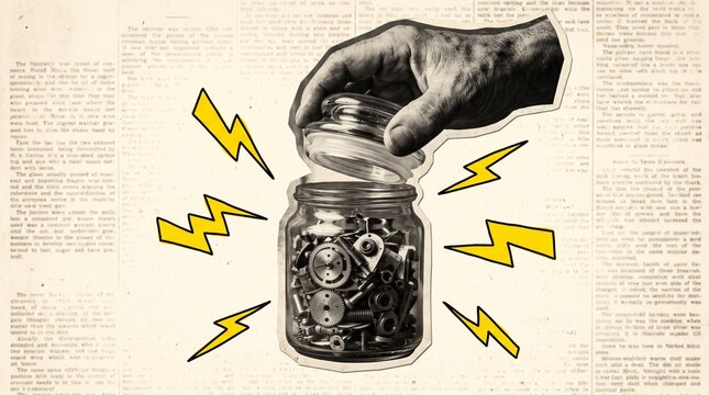Vintage collage of hand opening jar of gears with yellow lightning