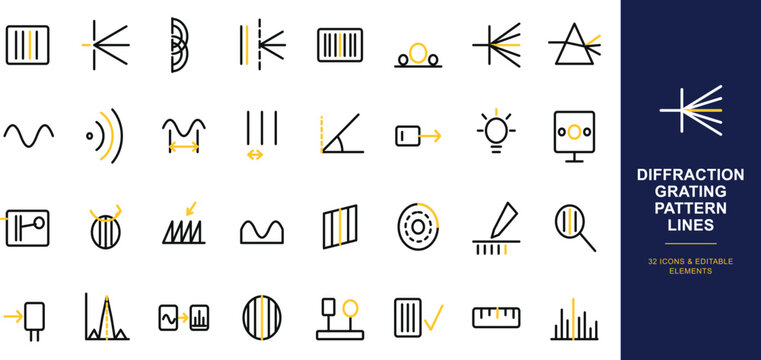 Diffraction grating pattern lines, 32 physics icons and editable elements. Scientific optics symbols, light wave interference diagrams.