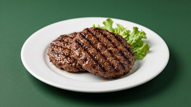 Grilled beef burger patties featuring charred grill marks on a round white plate with fresh green lettuce leaves captured in a high quality studio photograph.
