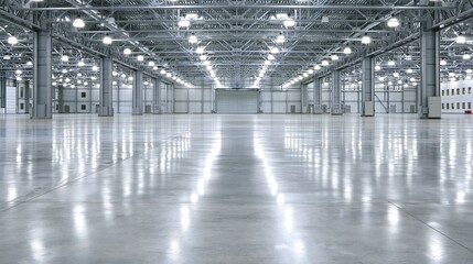 Obraz premium Empty industrial warehouse interior with reflective floor