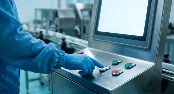 Control panel button is pressed by operator wearing protective blue glove in modern automated factory line.