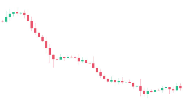 Prolonged bearish candlestick chart depicting a significant market decline and potential slight recovery, isolated on transparent background.