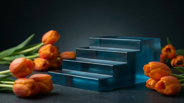 Beautiful macro close-up view photography of a Deep Ocean Blue frosted glass minimalist stairs podium surrounded by vibrant orange tulips under moody low-key lighting. 