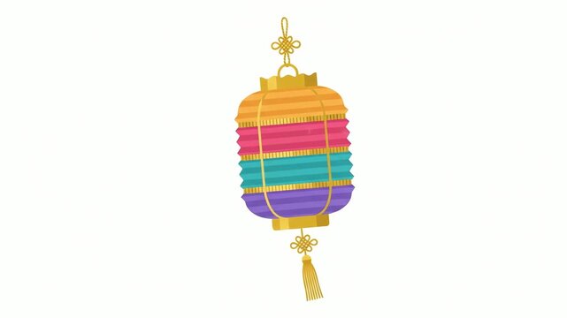Lantern hangs vertically against a clean white background, featuring vibrant multi-colored panels and delicate golden decorative knots at both ends.