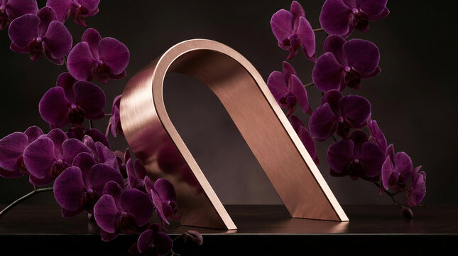 Beautiful dynamic diagonal angle photography of a Rose Gold metallic elegant arch podium surrounded by deep purple orchids under dramatic cinematic studio lighting. 