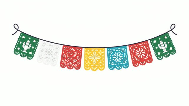 Bunting features brightly colored paper cutout flags hanging across a thin string against a clean white background, creating a festive banner for traditional celebrations.