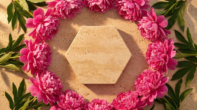 Beautiful top-down flat lay perspective photography of a Warm Beige natural stone hexagon podium surrounded by hot pink peonies under warm golden hour sunset light. 