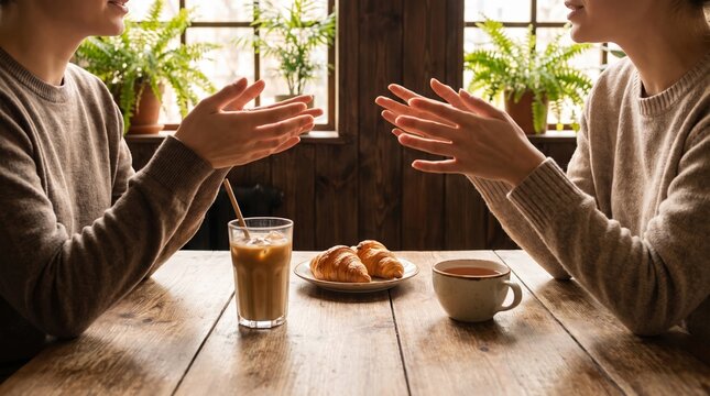 Two people having a conversation at a cozy cafe table