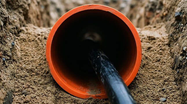 Large orange plastic pipe laying inside a narrow dirt trench in the ground