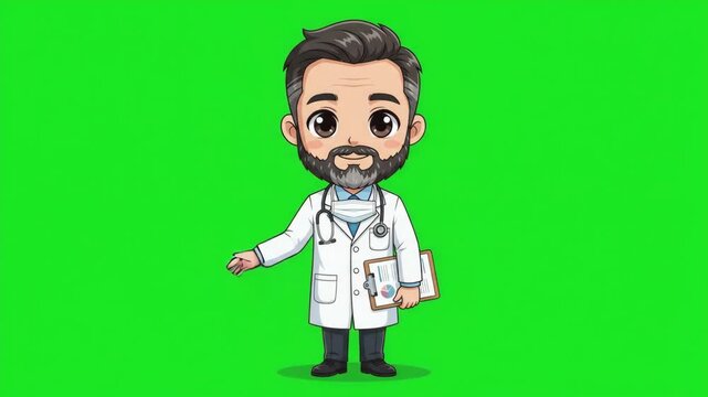 Cute cartoon doctor character with stethoscope and clipboard presenting on a green screen background.