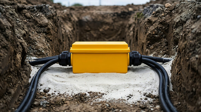 Yellow electrical junction box installed in a narrow dirt trench outdoors