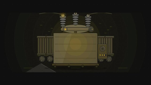 Abstract animated power transformer radiators bushings drawn as yellow and gold lines and shapes on a deep dark background. Seamless looping 4K motion graphics video with free space for text, ideal fo