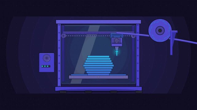 Abstract animated 3D printer nozzle layering drawn as blue and cyan lines and shapes on a deep dark background. Seamless looping 4K motion graphics video with free space for text, ideal for industry e