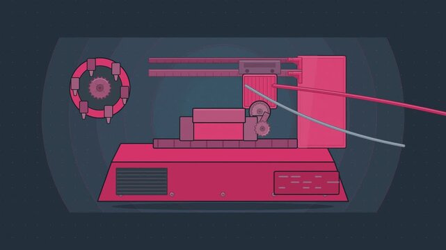 Abstract animated CNC machine spindle cutting drawn as coral and magenta lines and shapes on a deep dark background. Seamless looping 4K motion graphics video with free space for text, ideal for indus