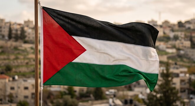National flag of palestine waving against an urban landscape background with palestine national palestinian triangle background politics patriotism identity heritage diplomacy international