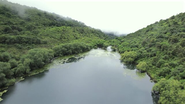 4K drone aerial view of Yala Provincial Park in Jujuy, Argentina. Misty mountain lakes surrounded by lush Yungas forests and dense green vegetation in a spectacular Andean landscape.