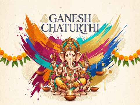 Vibrant Ganesh Chaturthi greeting design featuring Lord Ganesha seated on a lotus with burning oil lamps, marigold garlands, and colorful paint splashes.