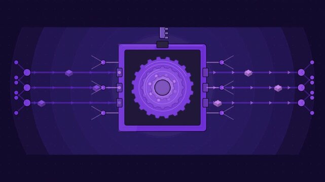 Abstract animated data encryption keys sealing drawn as violet and blue lines and shapes on a deep dark background. Seamless looping 4K motion graphics video with free space for text, ideal for techno
