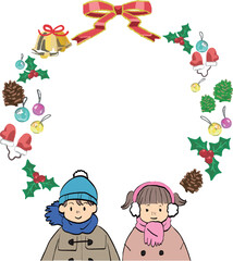Fototapeta premium 手描きイラストな冬のクリスマスフレームと子供達