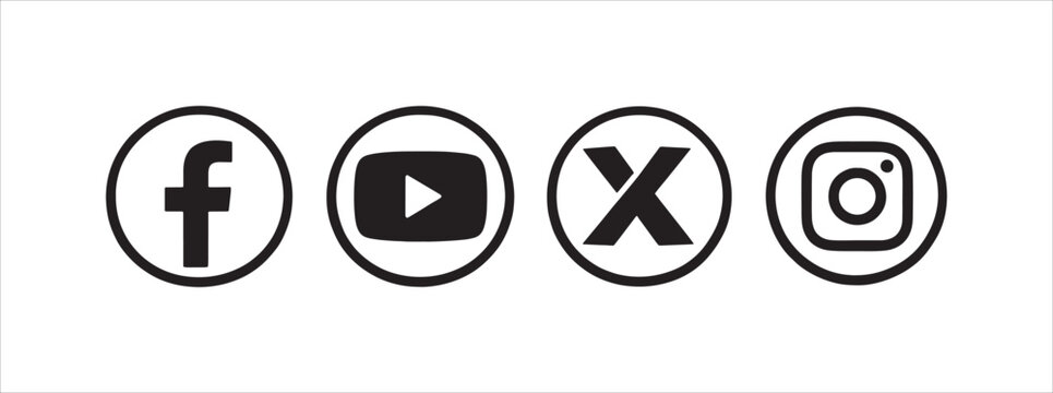 Modern Social Media Icons Set. Popular social media logos inside circle frames featuring facebook and youtube beside x plus instagram icons.