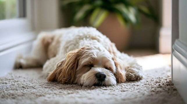 A fluffy dog sleeps peacefully on a soft carpet near a window with natural light and a potted plant in the background