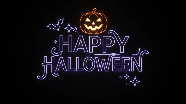 Animation Glowing pumpkin and happy halloween text appearing with neon light effects on a dark black background with pumpkin festive lettering Video.