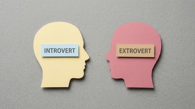 Introvert and Extrovert Personality Types Concept with Paper Human Head Profiles Facing Each Other on Gray Background