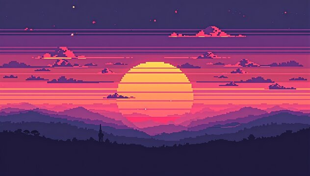 Retro pixel art landscape sunset with 8-bit aesthetic