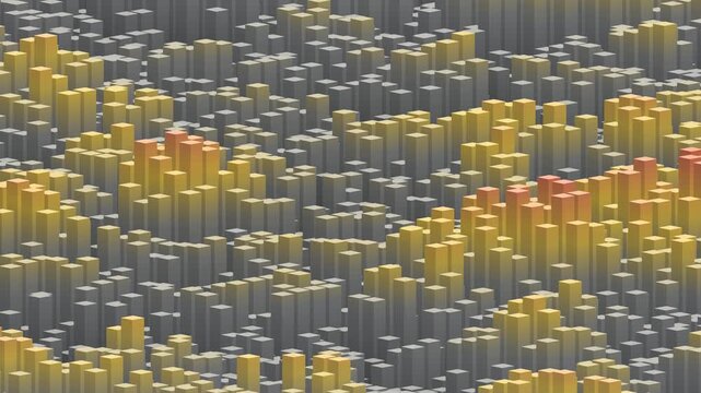 Animated 3d bar chart with rising and falling rectangular columns, loopable data visualization cityscape with colorful geometric blocks