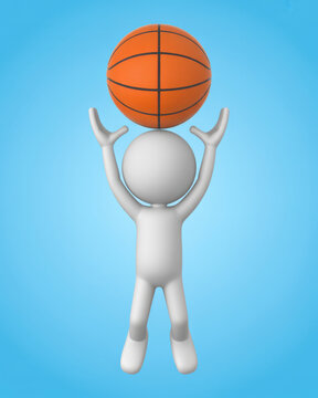 Stick figure man balancing basketball on head with raised hands on blue background.