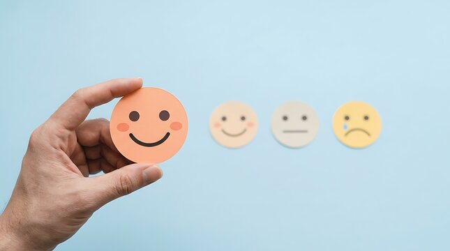 A hand holding a smiling face paper cutout representing customer service satisfaction feedback scale against a soft blue background for business
