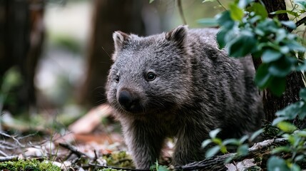 Fototapeta premium A gray furred wombat stands alert in a forest surrounded by green leaves and mossy ground with soft natural lighting
