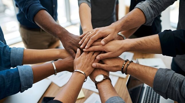 Diverse team hands stacked together in unity, symbolizing collaboration and success in business
