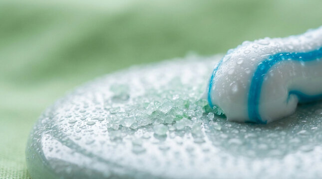 Macro Shot of Striped Toothpaste with Mint Crystals and Water Drops