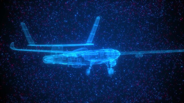 Holographic Wireframe Drone Rotating in Digital Starry Space