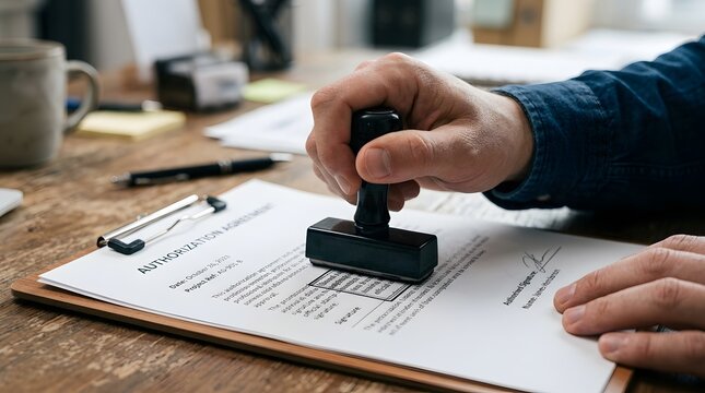 Man stamping official document with authorization stamp for business approval and legal confirmation
