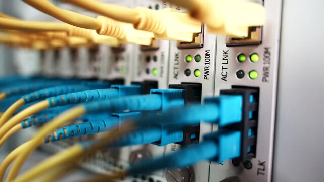 Fiber Optical cables connected to an optic ports and Network cables connected to ethernet ports