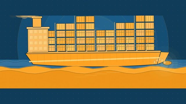 Abstract animated cargo ship stacks lashing drawn as amber and orange lines and shapes on a deep dark background. Seamless looping 4K motion graphics video with free space for text, ideal for industry