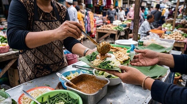 Close-up of a nasi pecel vendor serving rice, vegetables and peanut sauce to a customer at a traditional Indonesian market.