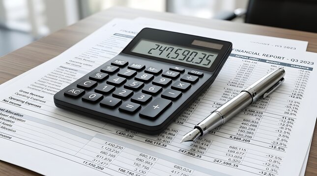 Professional financial report with calculator and pen, business finance analysis and accounting concept