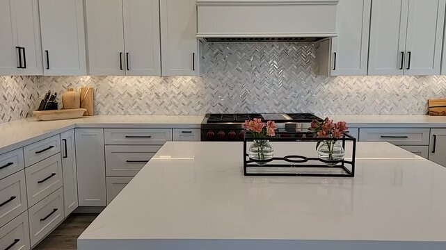 Bright modern kitchen with island and stainless appliances