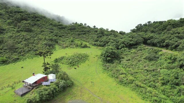 4K drone aerial view of Yala Provincial Park in Jujuy, Argentina. Misty mountain lakes surrounded by lush Yungas forests and dense green vegetation in a spectacular Andean landscape.