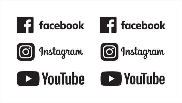 Modern Social Media Icons Set. Black and white facebook instagram and youtube logo icons with typography text for social media content creation.