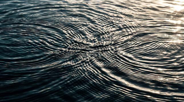Water ripples forming concentric circles across a dark reflective surface during sunlight.