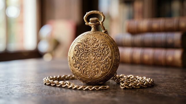 Pocket watch resting on a wooden desk with vintage books in the softly lit background.