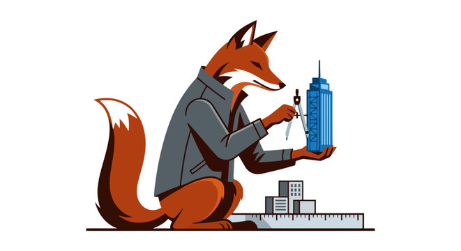 Cartoon fox wearing a grey jacket sitting against a plain white backdrop