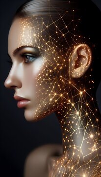 A hybrid portrait where a real models profile is overlaid with an AI-generated geometric pattern of gold lines and glowing nodes, creating a high-fashion tech aesthetic, Ai generated image